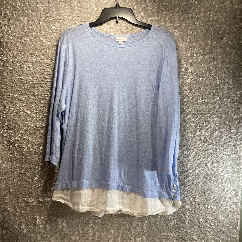 J. Jill Love Linen Blue 3/4 Sleeve Top Size LARGE Two Layer Side Buttons Coastal